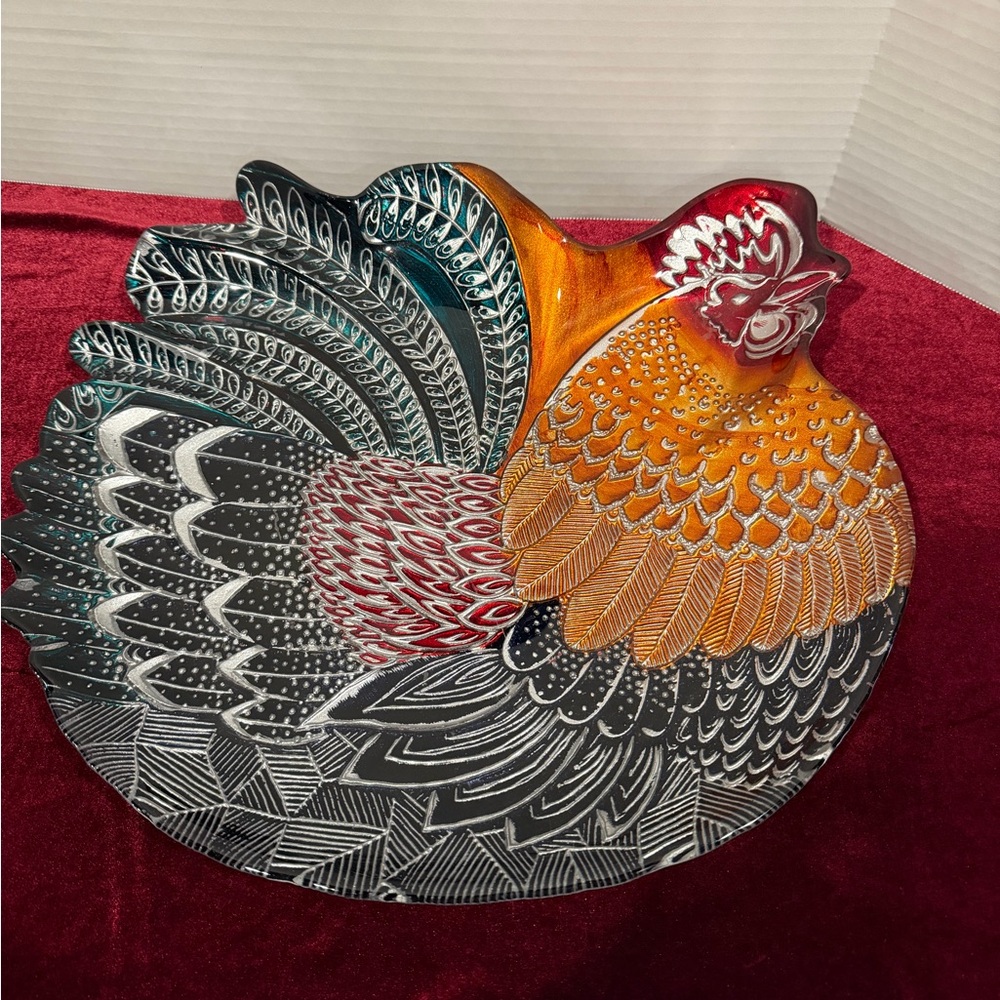 Turkey or rooster platter large hand blown art glass exquisite silver back